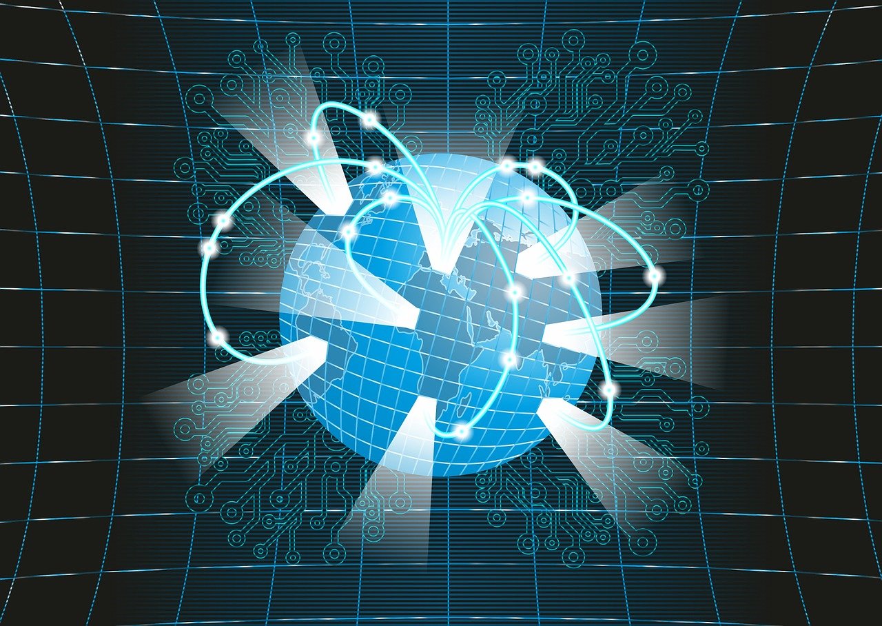 stylized globe with circuits moving around it