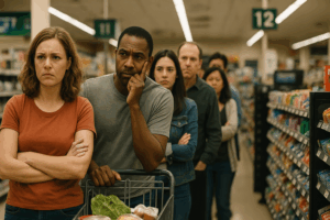 A line of impatient people wait for a grocery store checkout.
